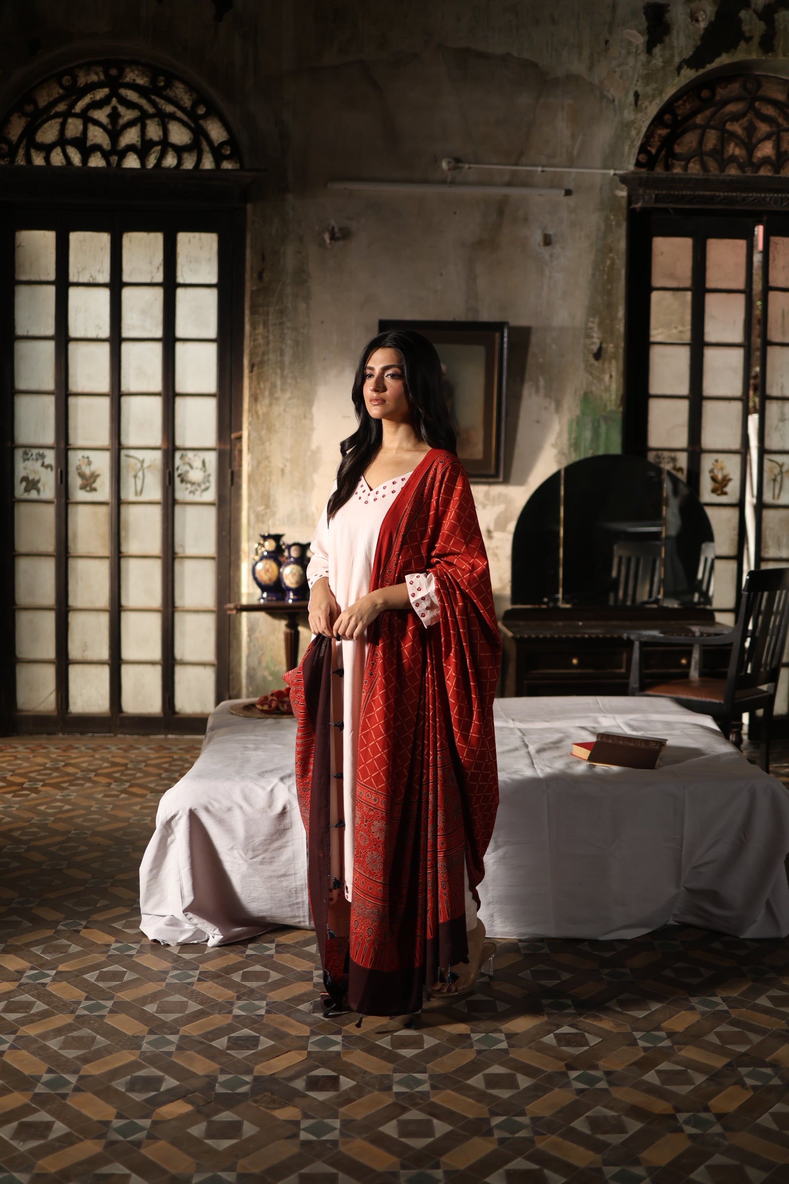 Raunaq-Creamish peach with Red (Cotton Ajrakh Bhandej)