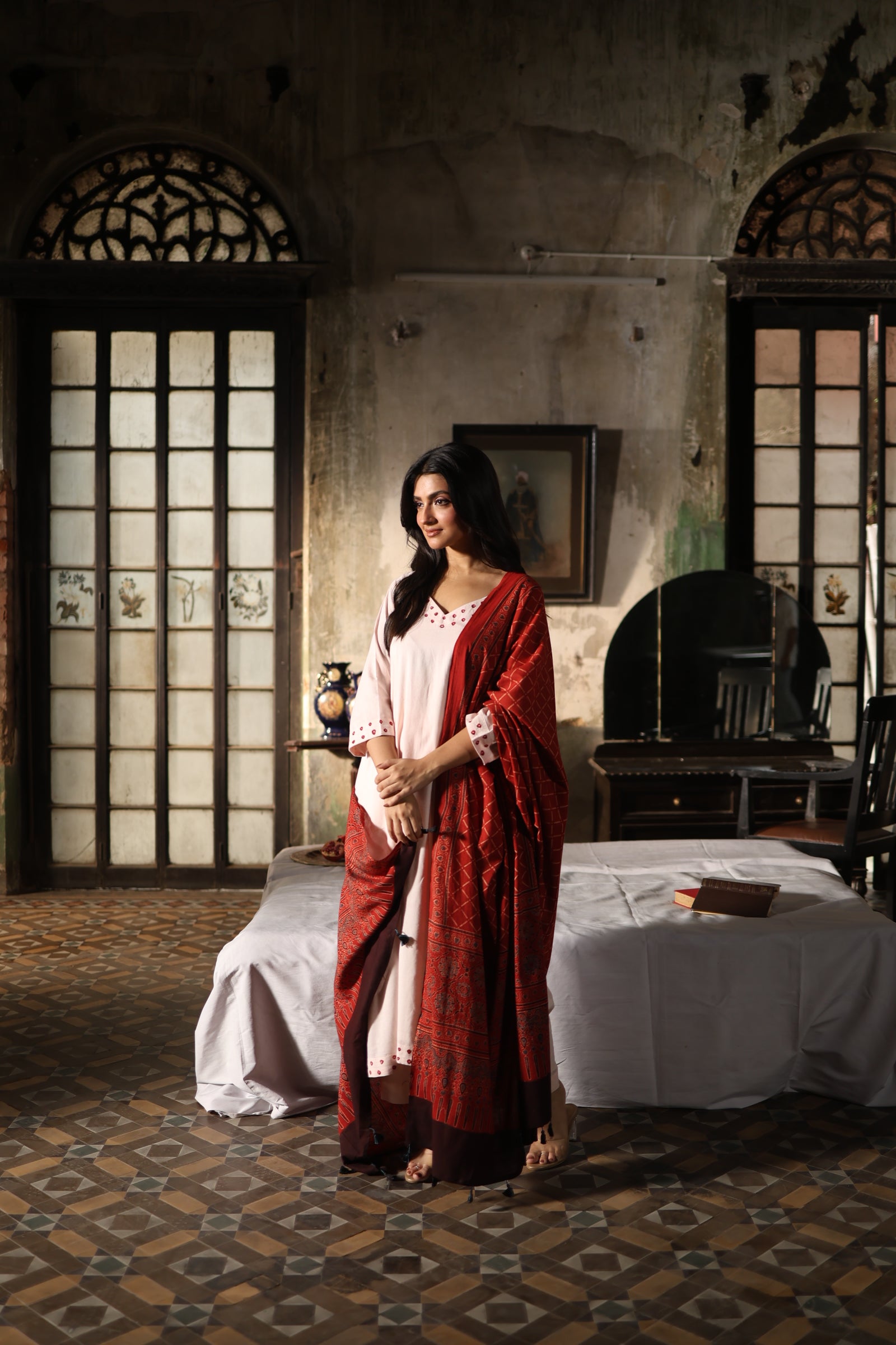 Raunaq-Creamish peach with Red (Cotton Ajrakh Bhandej)