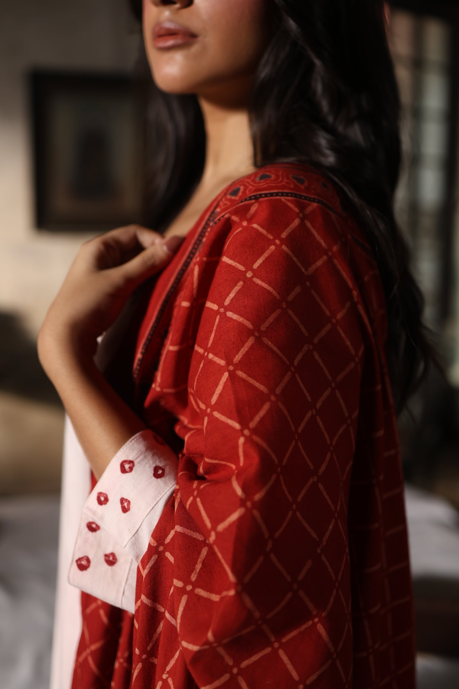 Raunaq-Creamish peach with Red (Cotton Ajrakh Bhandej)