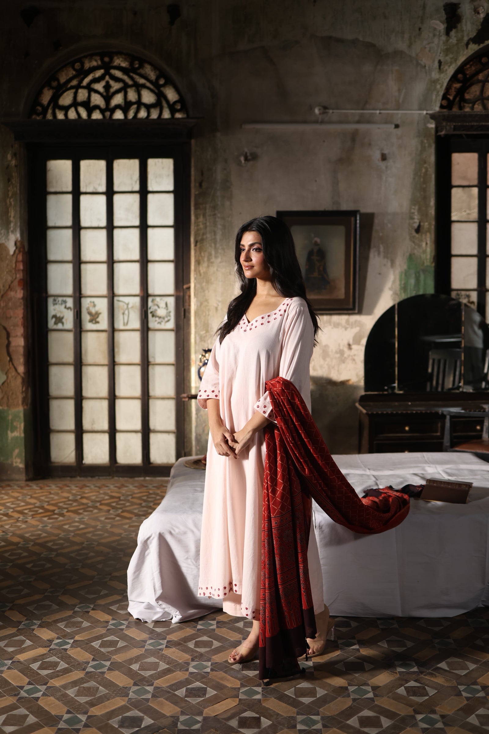 Raunaq-Creamish peach with Red (Cotton Ajrakh Bhandej)