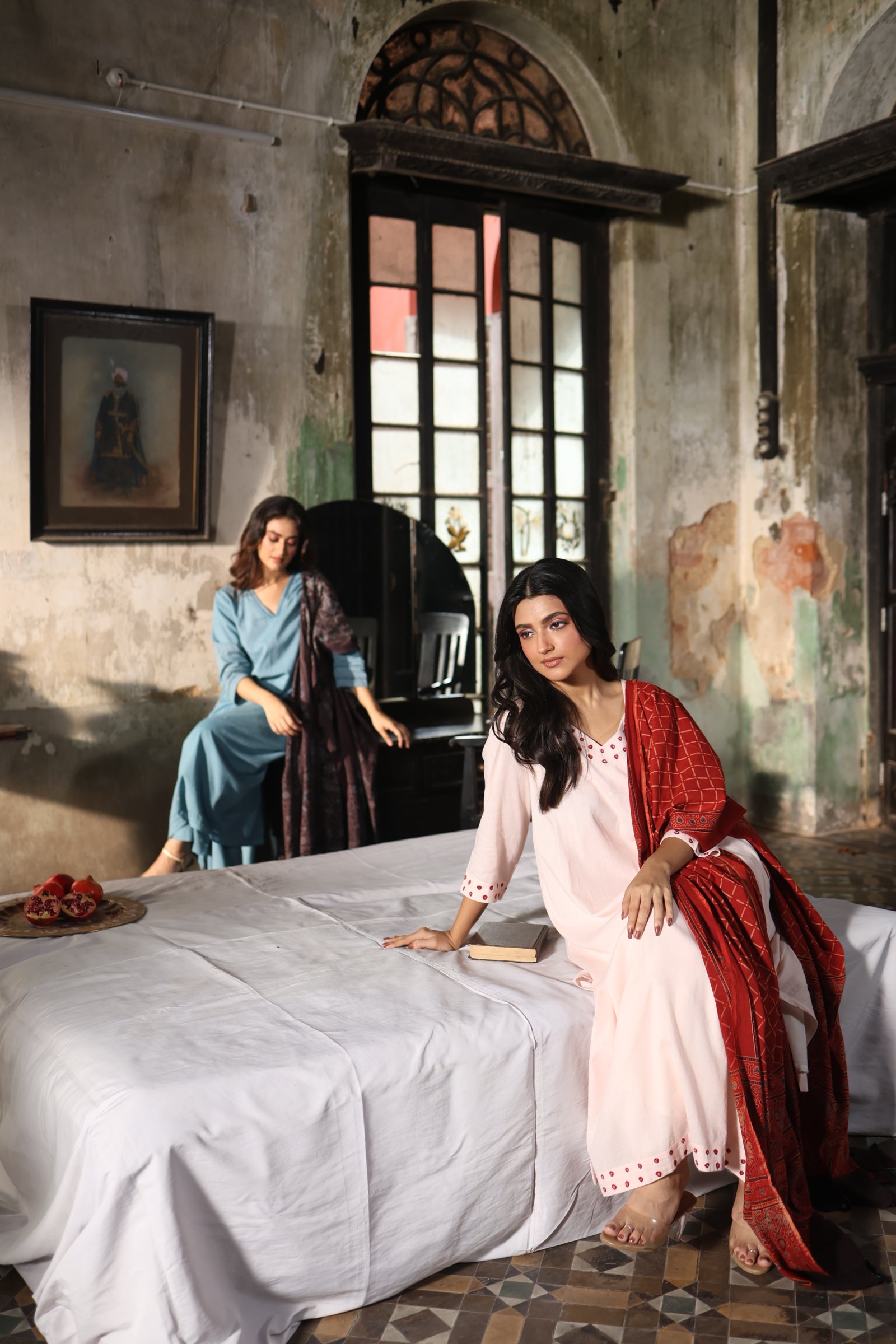 Raunaq-Creamish peach with Red (Cotton Ajrakh Bhandej)