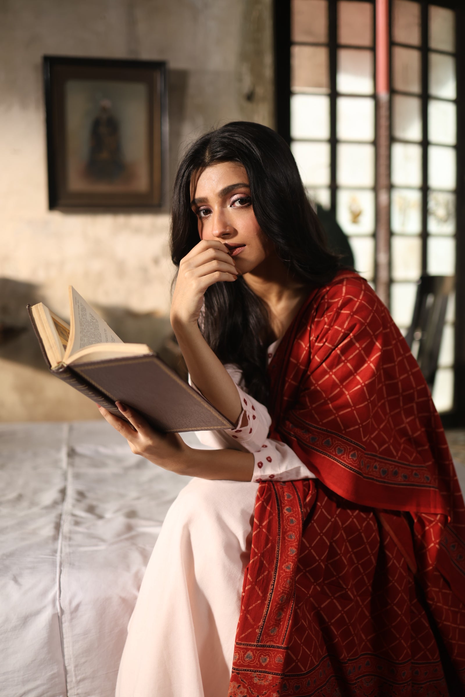 Raunaq-Creamish peach with Red (Cotton Ajrakh Bhandej)