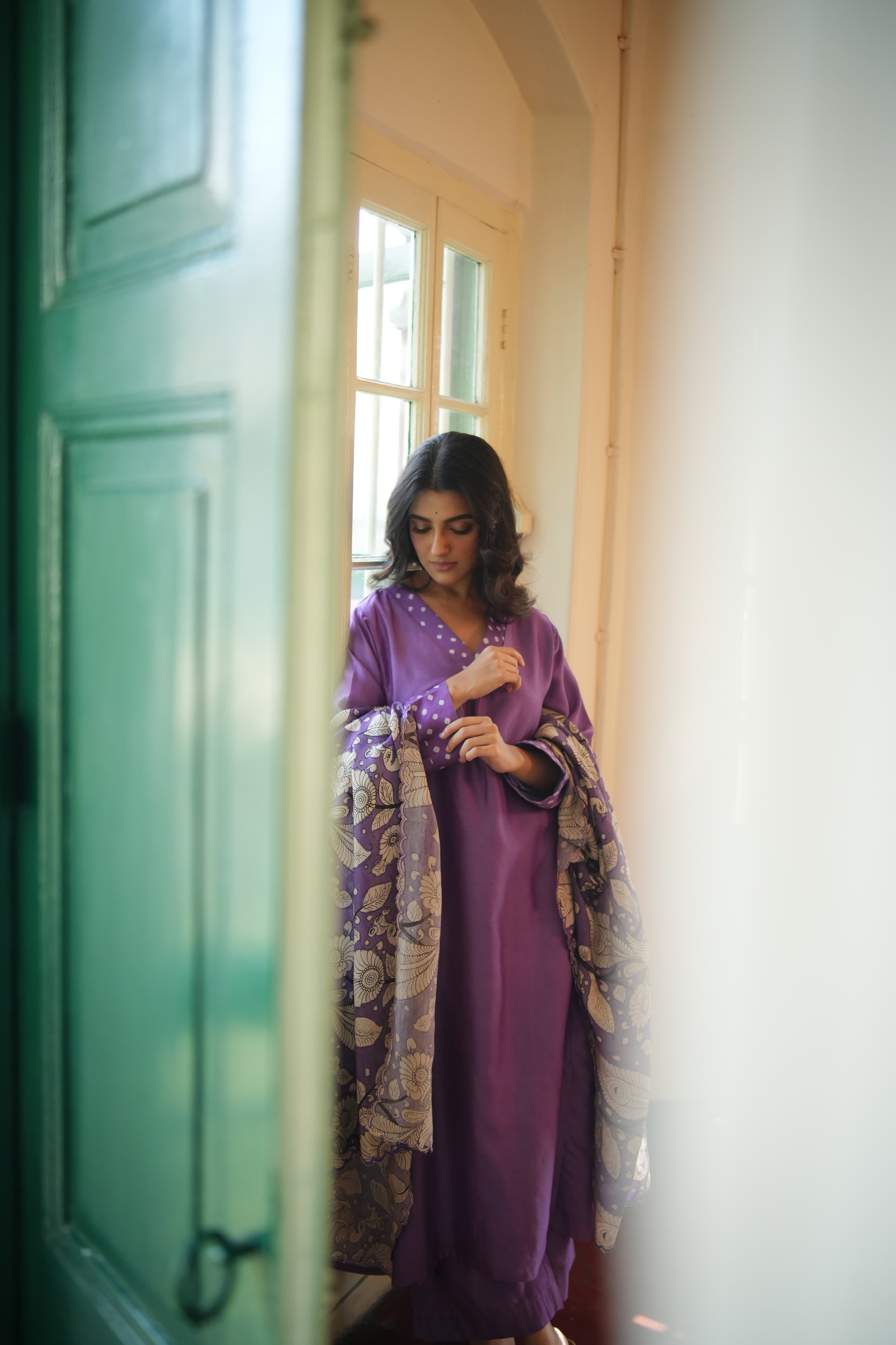 Chitra-Purple Mulmul Chanderi kalamkari & bhandej – Dhuni