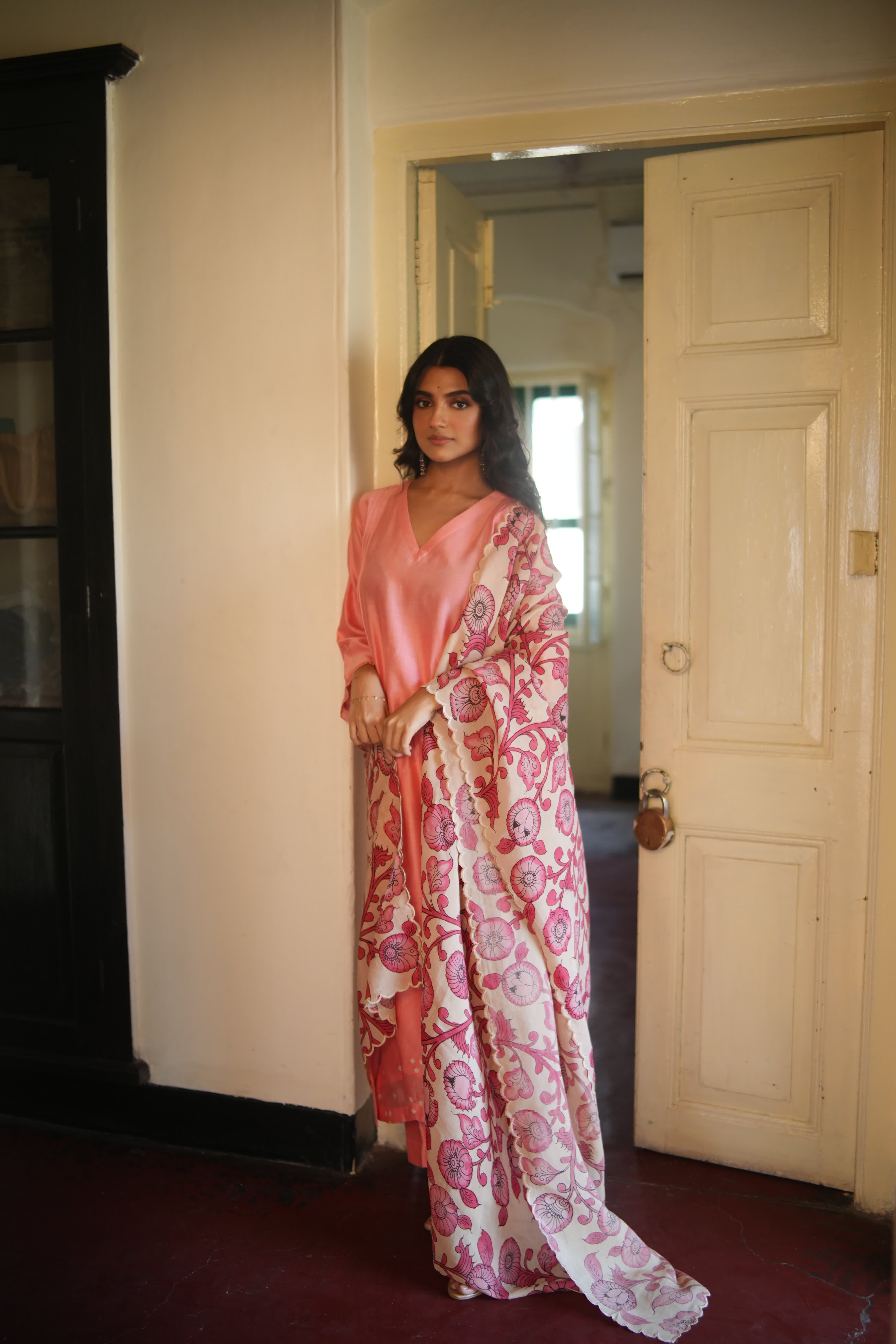 Chitra-Dusty Pink (Mulmul Chanderi kalamkari & bhandej)