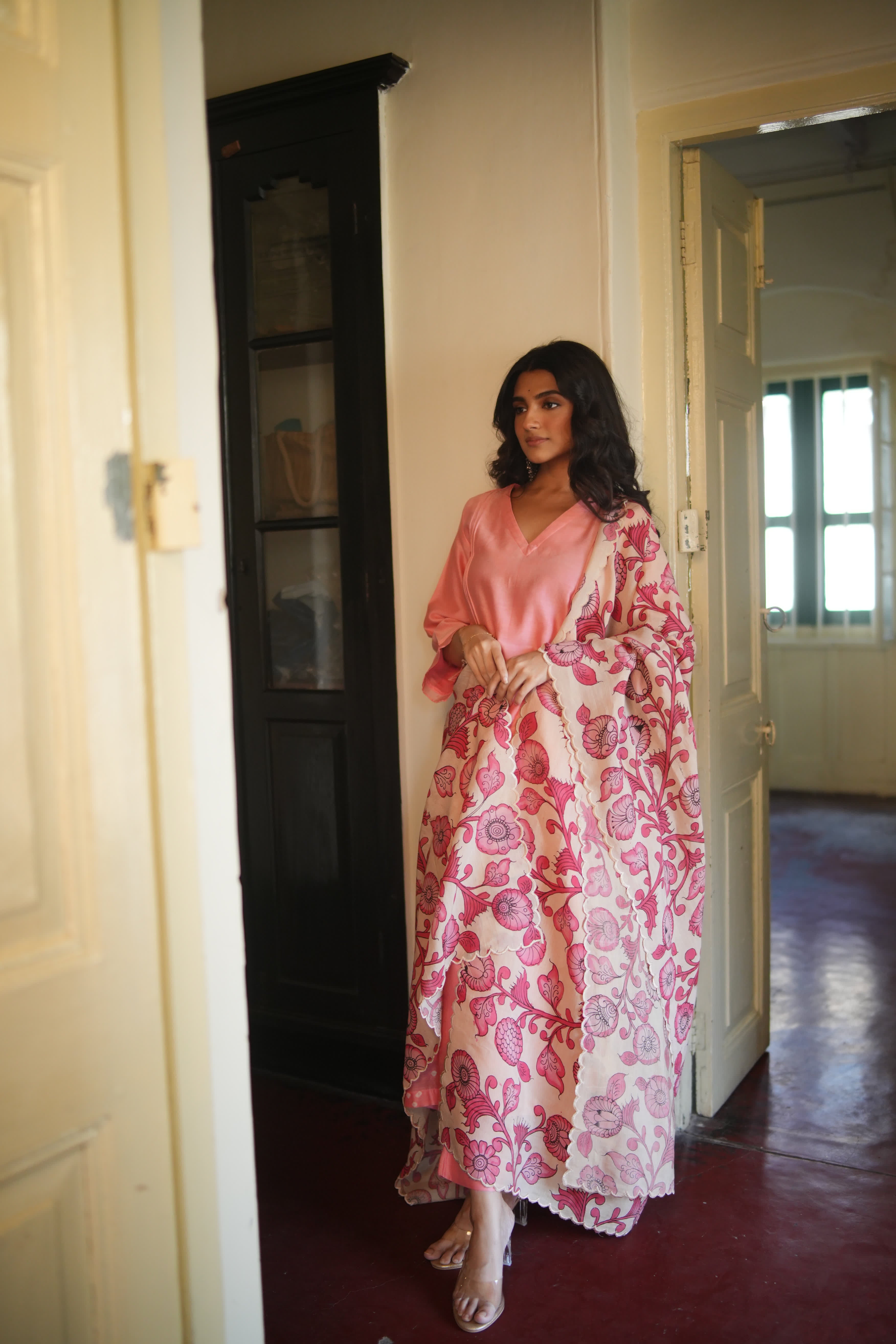 Chitra-Dusty Pink (Mulmul Chanderi kalamkari & bhandej)