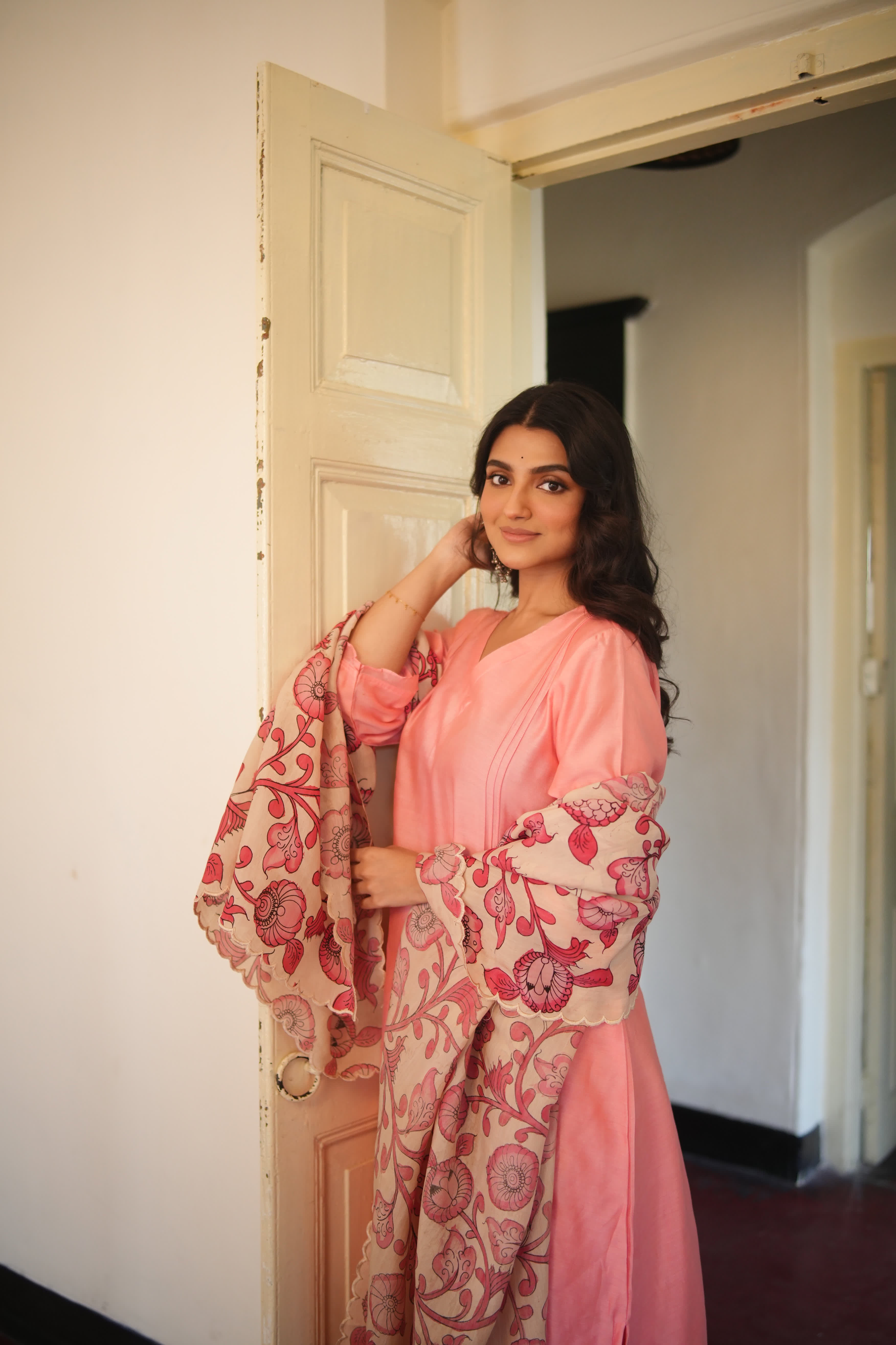 Chitra-Dusty Pink (Mulmul Chanderi kalamkari & bhandej)