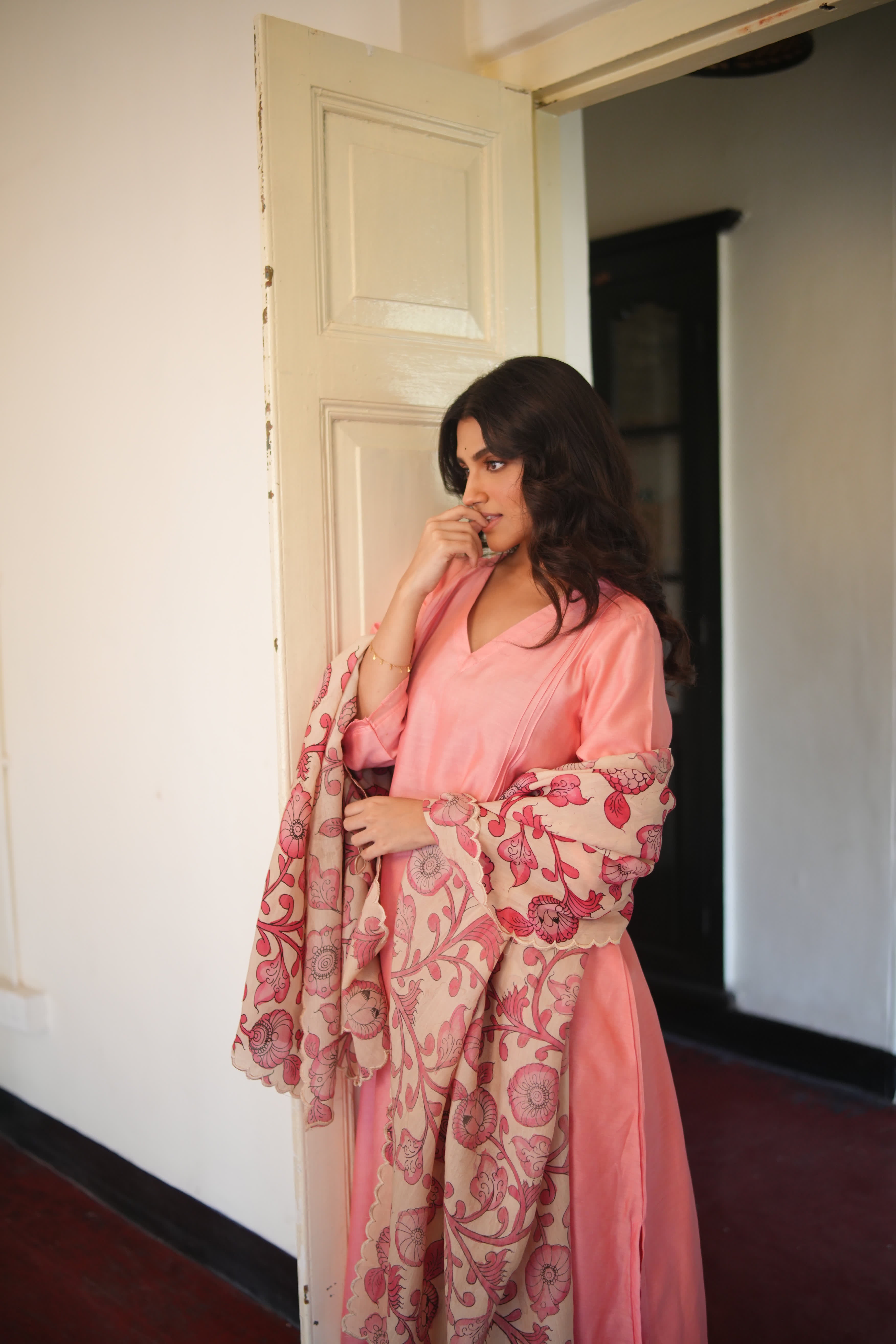 Chitra-Dusty Pink (Mulmul Chanderi kalamkari & bhandej)