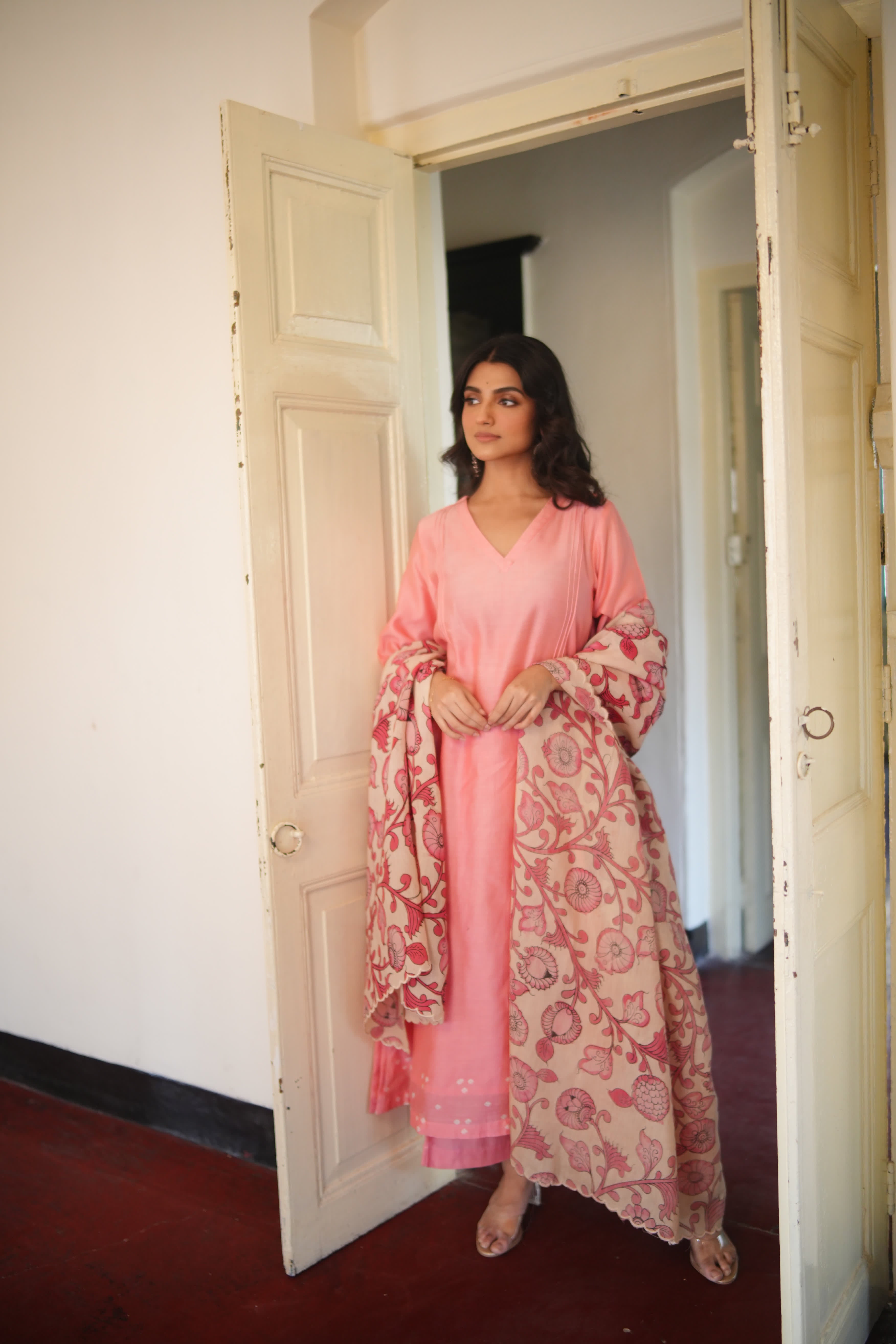 Chitra-Dusty Pink (Mulmul Chanderi kalamkari & bhandej)