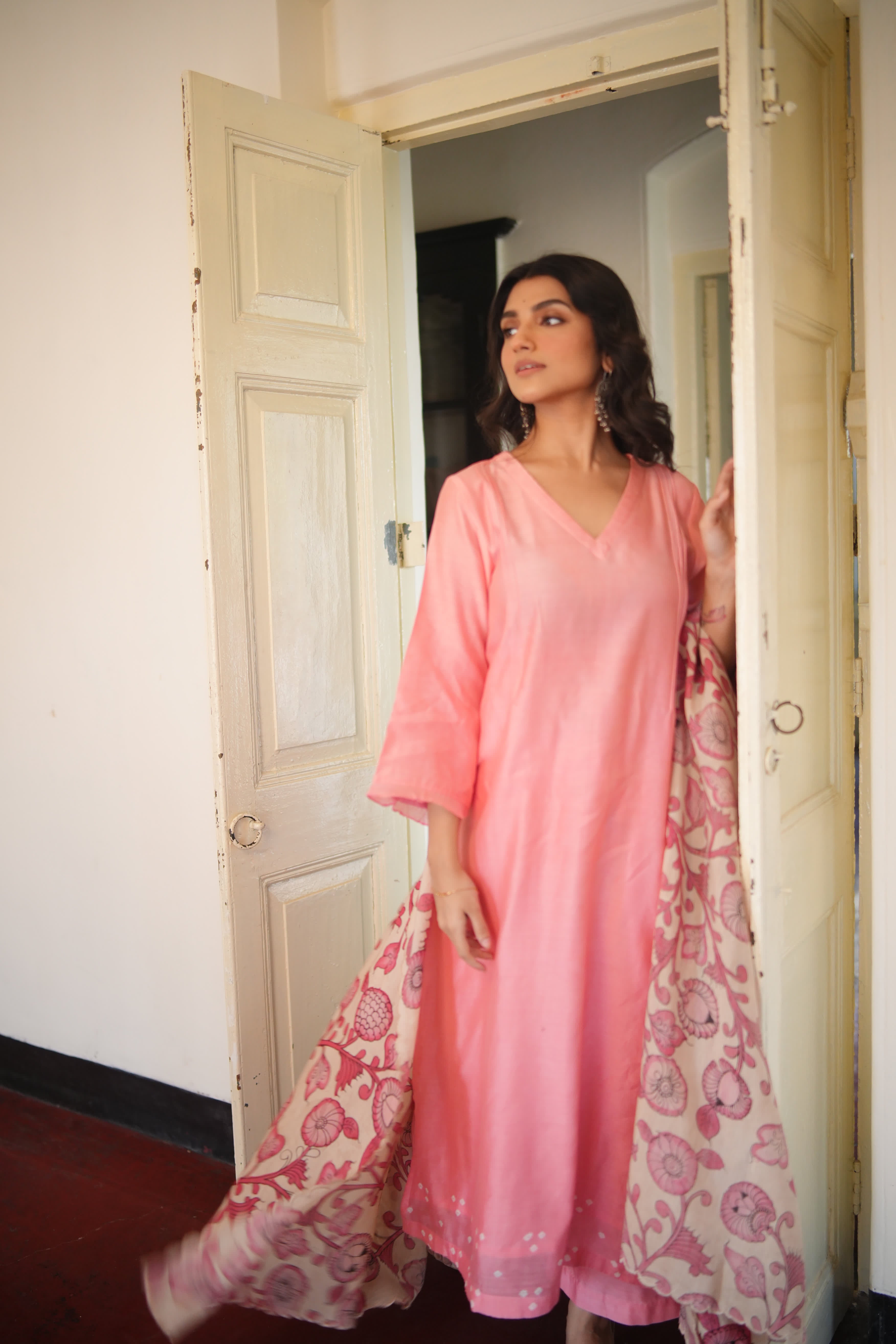 Chitra-Dusty Pink (Mulmul Chanderi kalamkari & bhandej)