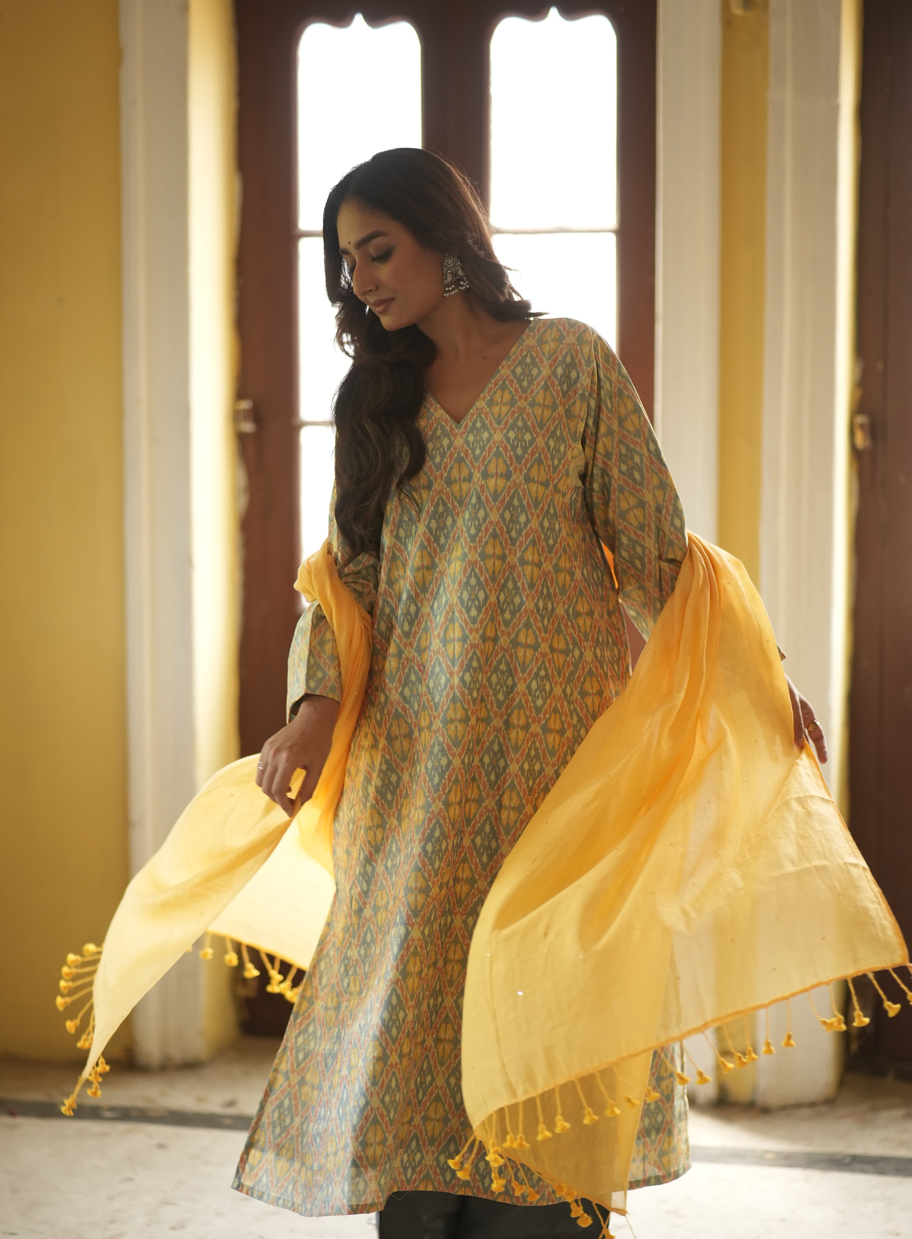 Ruhani-Yellow (Ikat silk cotton, chanderi)