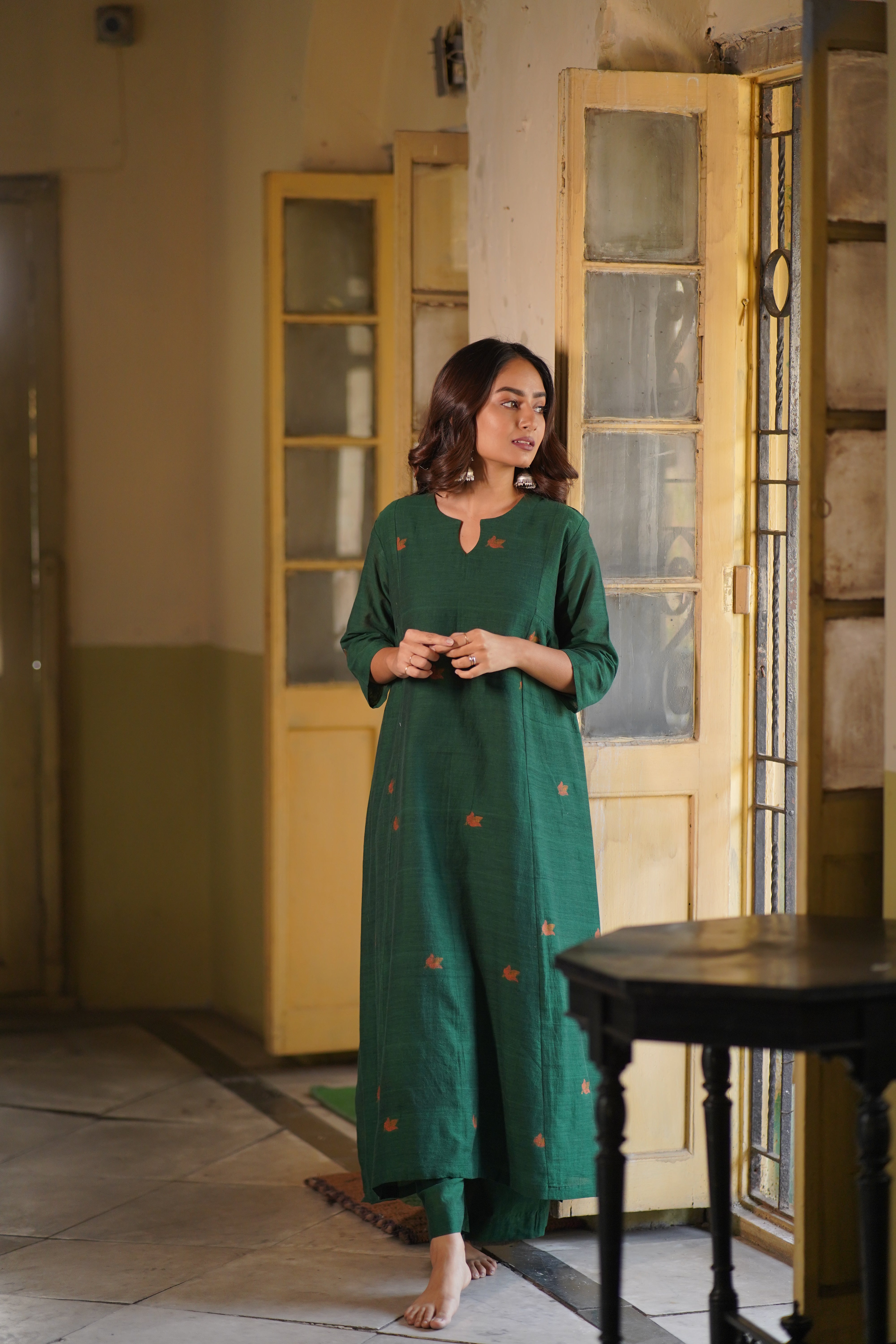 Bottle Green Elegance (Mulmul Jamdani)