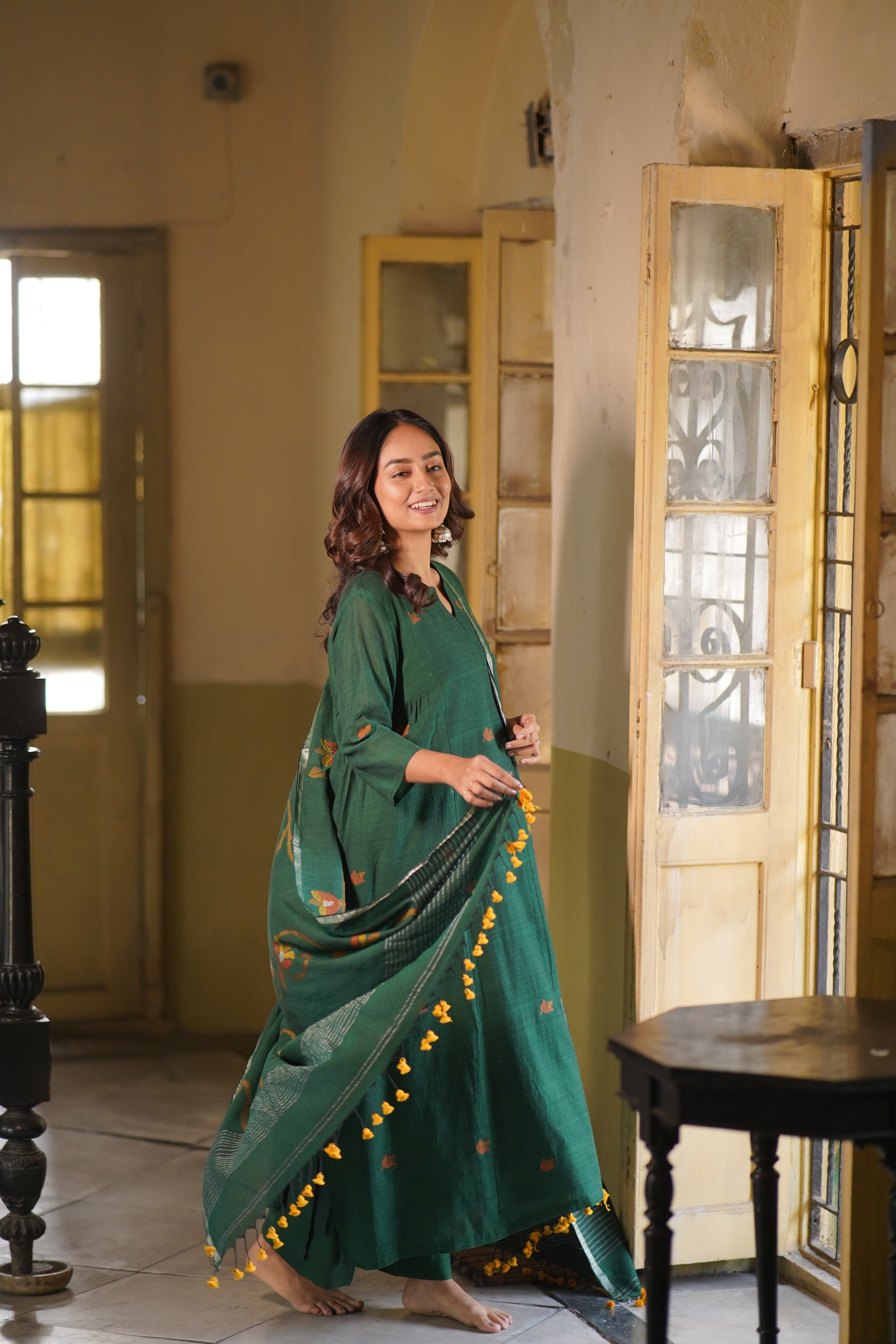 Bottle Green Elegance (Mulmul Jamdani)