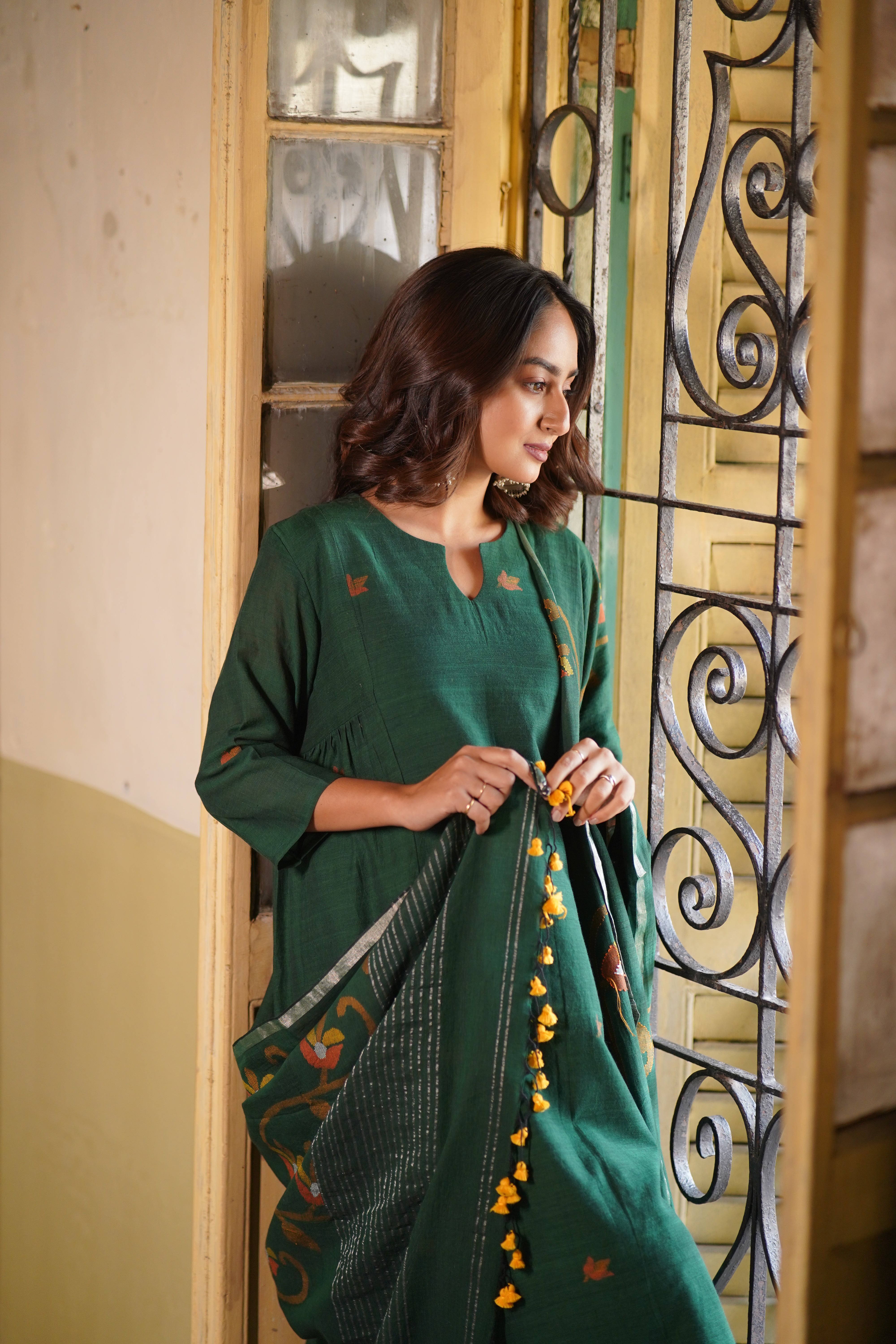 Bottle Green Elegance (Mulmul Jamdani)