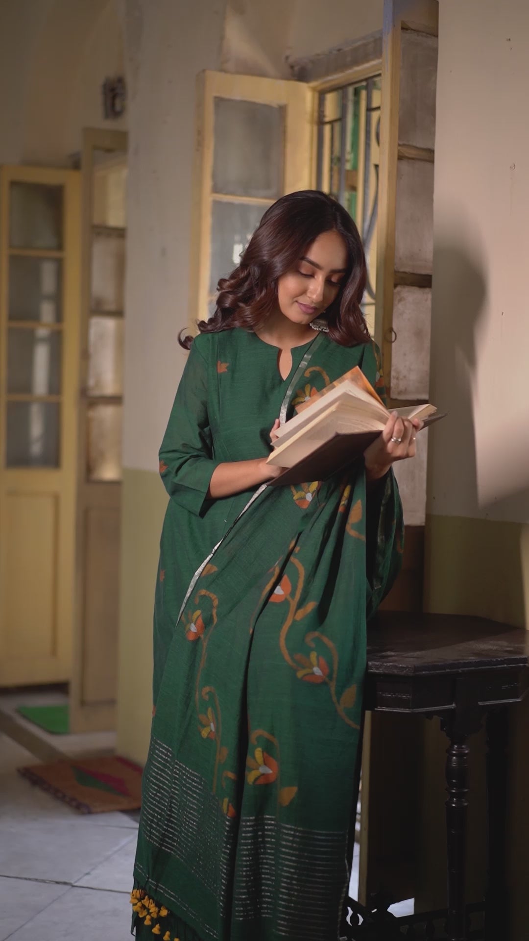 Bottle Green Elegance (Mulmul Jamdani)